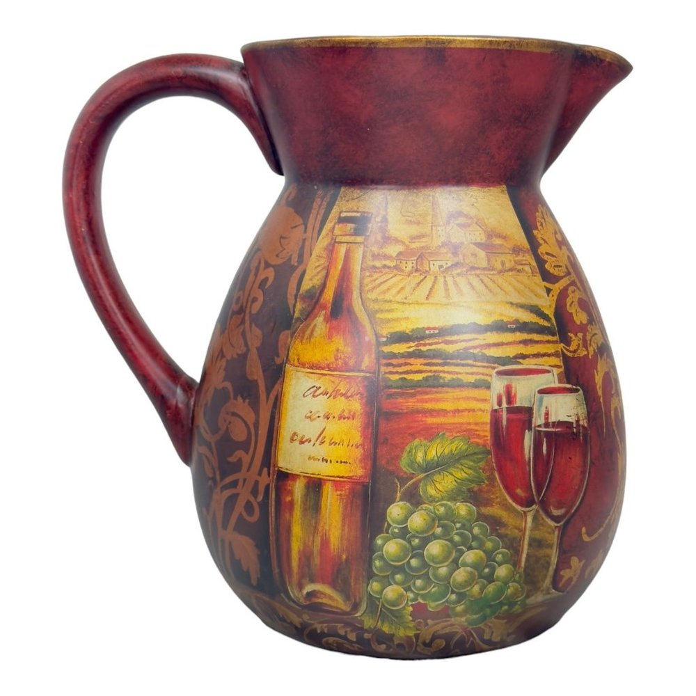 Large Ceramic Decorative Pitcher With Vineyard Design 10.5" EUC